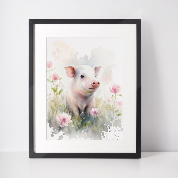 Watercolor Cute Floral Farm Pig Wall Art Illustration Print Poster Unframed - Picture 2 of 7